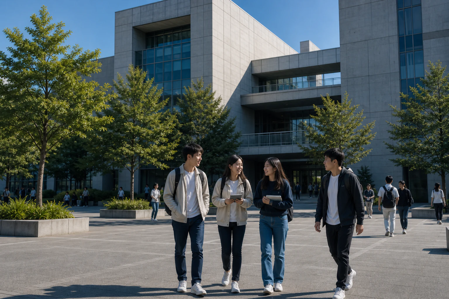 台湾の現代的な大学キャンパスを歩く学生たち
